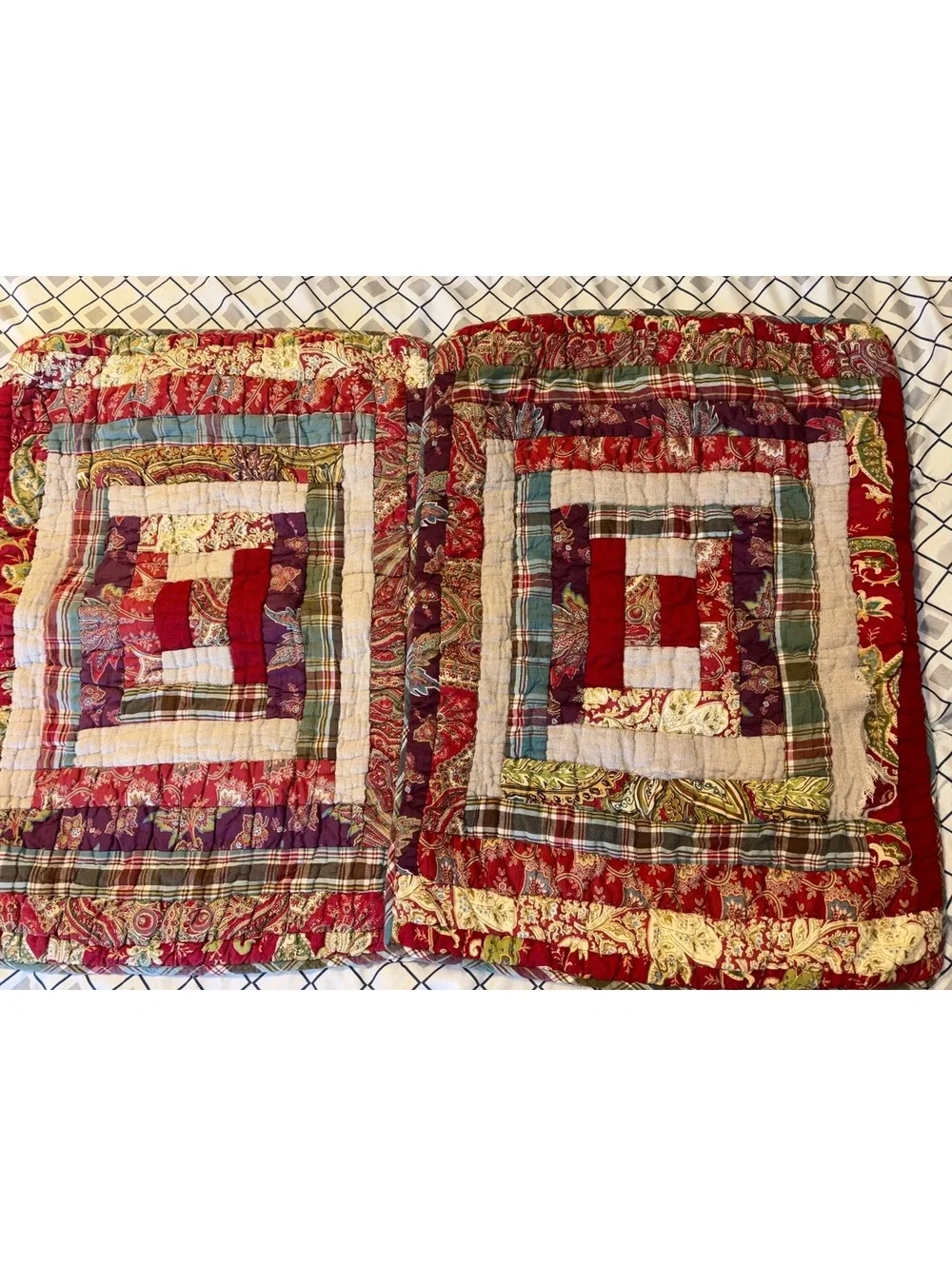 Vintage 2009 Pottery Barn Log Cabin Patchwork Pillow Shams Set of 2 Red Flawed